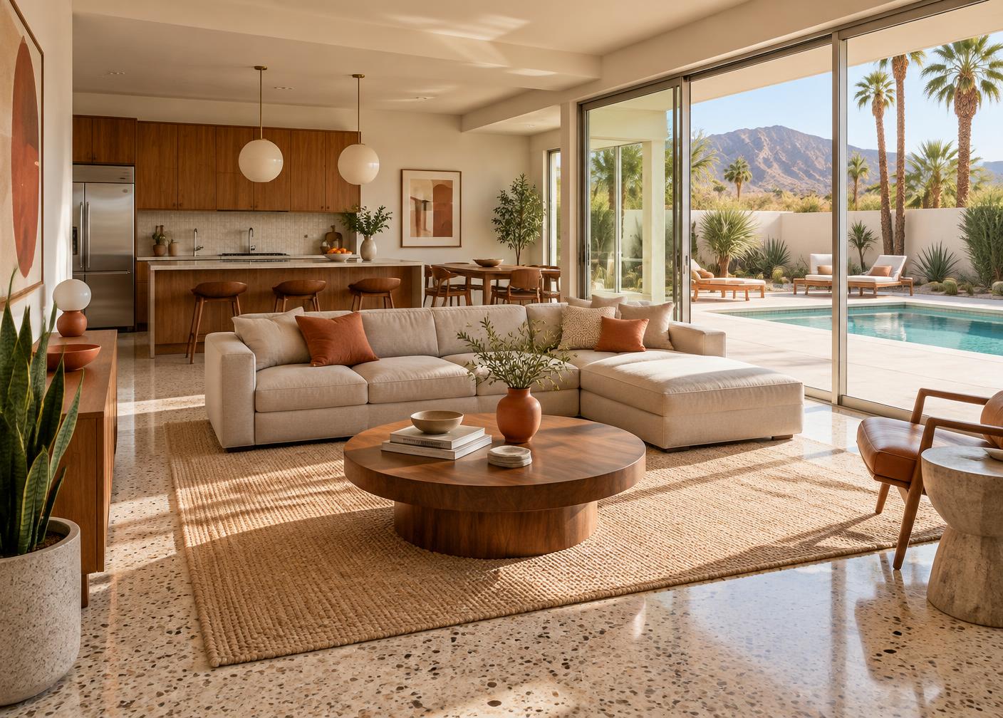 Sunlit mid-century living room with terrazzo floors