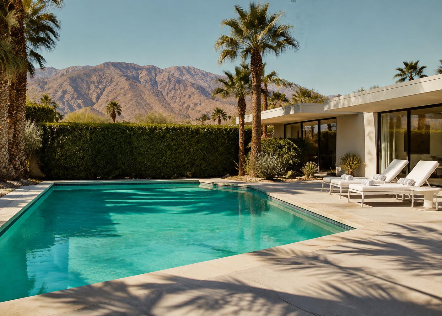 Pool and lounge chairs at a desert modern home